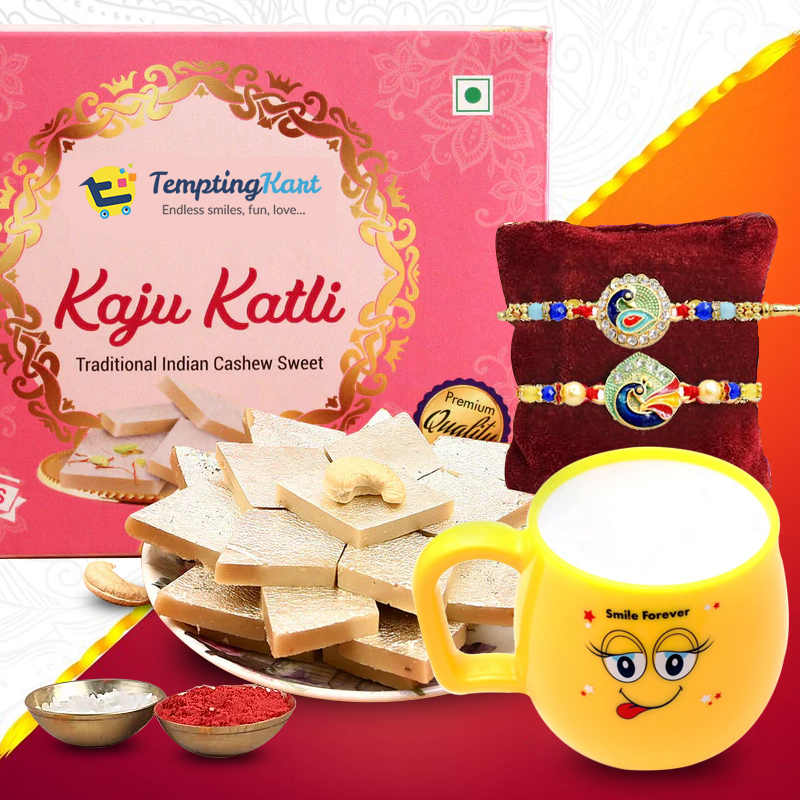 Rakhi Gift Hamper | Smiley Cup, Rakhi, and 250gms Kaaju Barfi