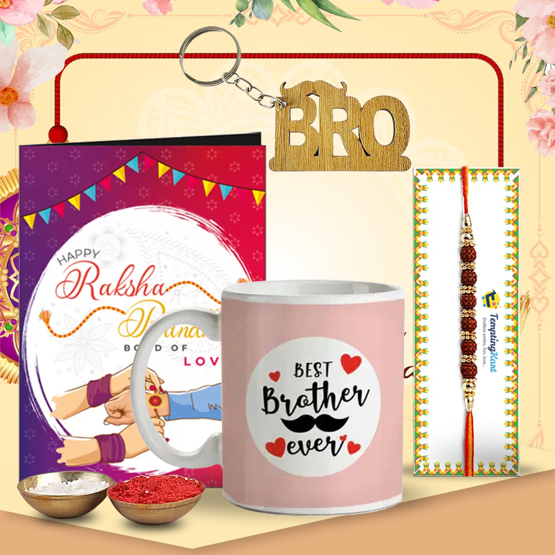 Rakhi Gift Hamper | Includes Printed Mug, Keychain, Rakhi, Greeting Card, and Roli Chawal