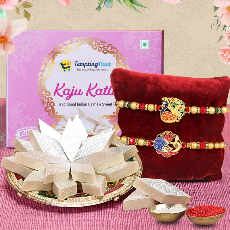 Red & Gold Roli Chawal Rakhi with 250gms Kaaju Barfi