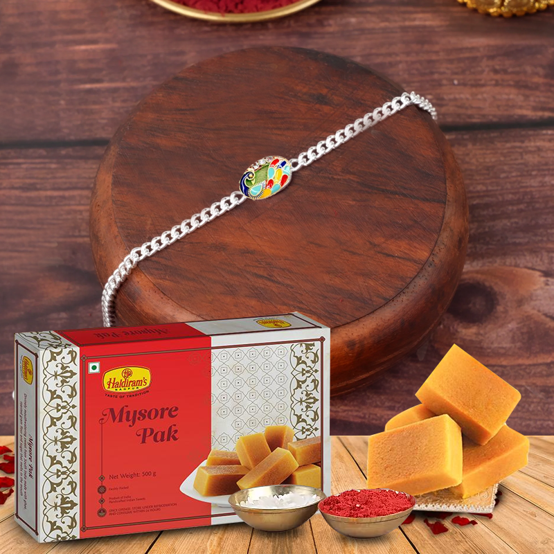 Silver Diva Glittering Rakhi with 250gms Mysore Pak